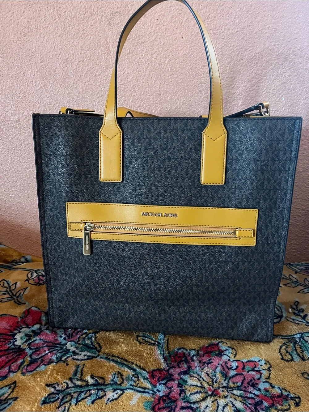Michael Kors Black Tote with Yellow Trim and Handles